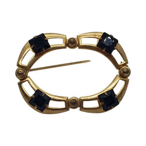 Vintage 10k Gold Plate Brooch Pin Art Deco Oval Openwork Black Rhinestone